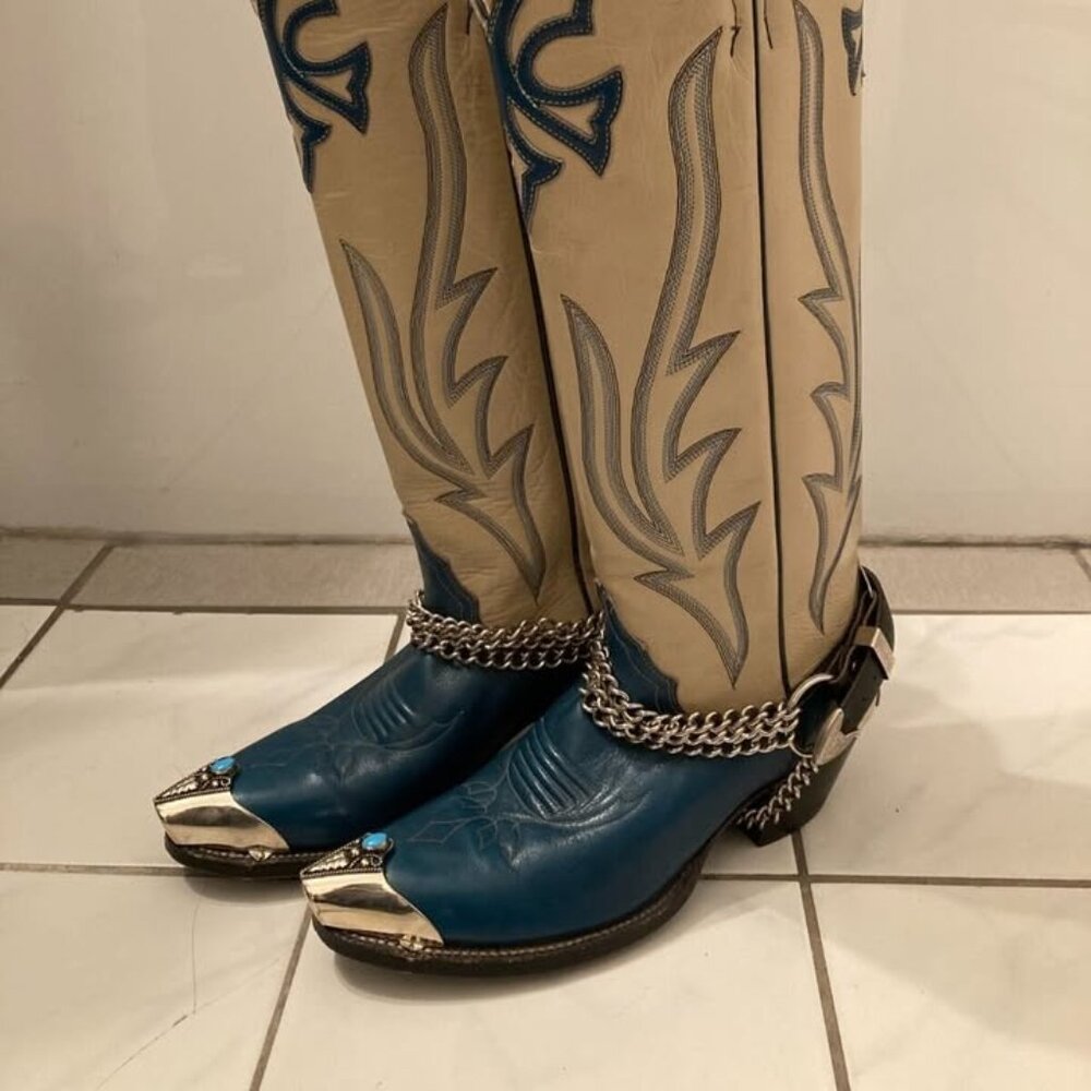 Vtg JUSTIN cowboy western extra tall metal toe tips harness womens boots sz 5 B - Picture 1 of 9